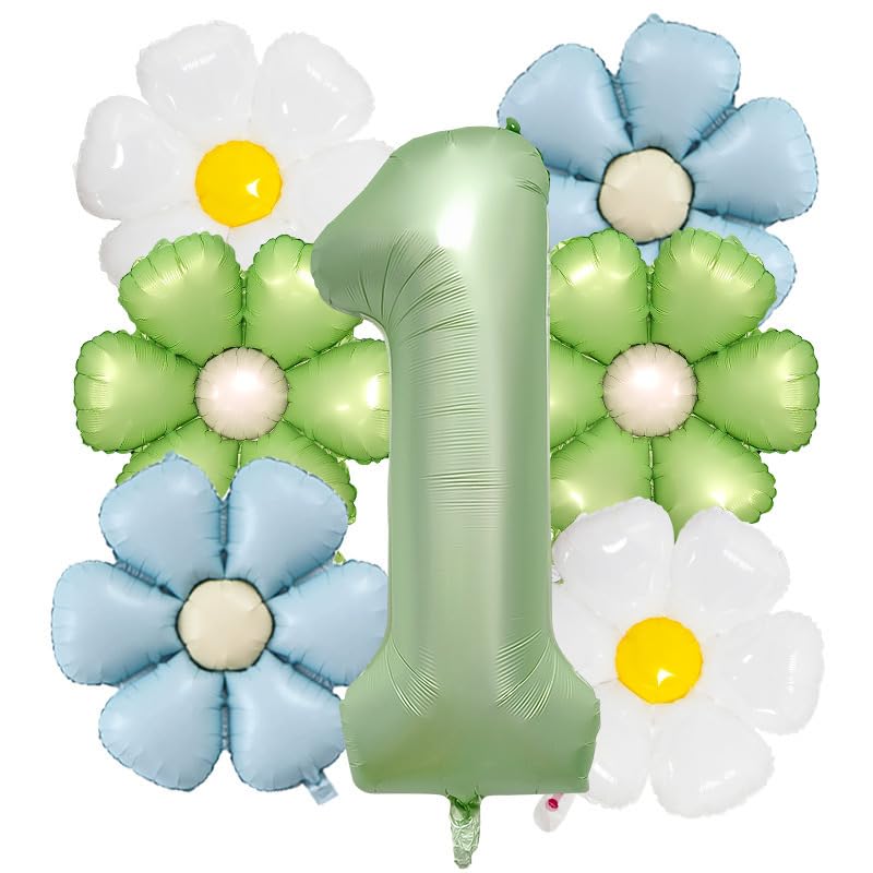 1st Birthday Balloons Set - 7PCS Self-Sealing Number 1 & Daisy Balloons for Girls/Boys, 40 Inch Thick Foil Party Decorations (Green/White/Blue)