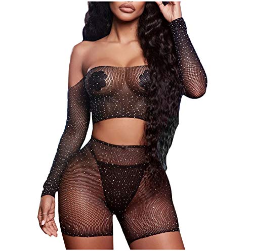 Generisch Sexy malla encaje mujeres desnudo Rhinestone encaje encaje red conjunto de lavandería, Negro , talla única