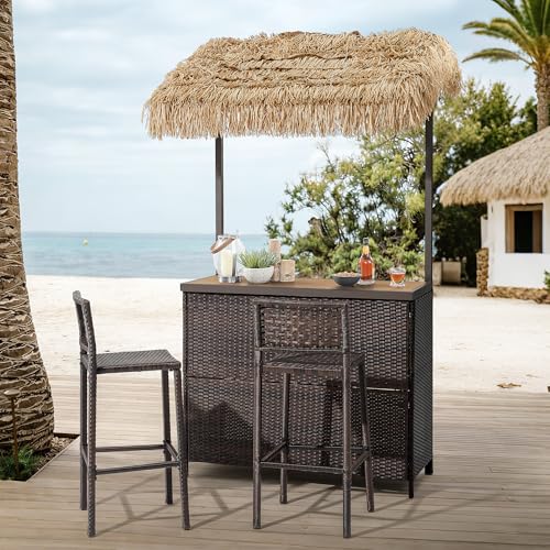 Mvpipi Outdoor Tiki Bar Set 3 Pieces All-Weather Wicker Patio Bar Set with 2 Height Stools and Storage Outdoor Bar Set for Outside Patio Garden Backyard Brown