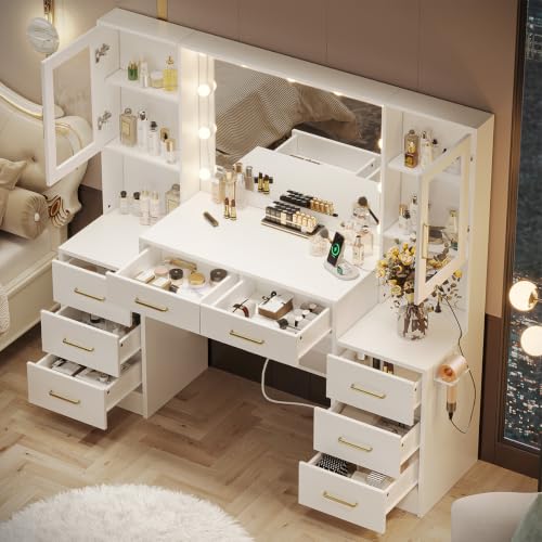 Image of White Makeup Vanity Desk with Mirror and Lights, Makeup Vanity Table with Lighted Mirror, 58.3 inch Dressing Table with Mirror and Lights, Big Vanity with 8 Drawers & Lots Storage Space for All Girls