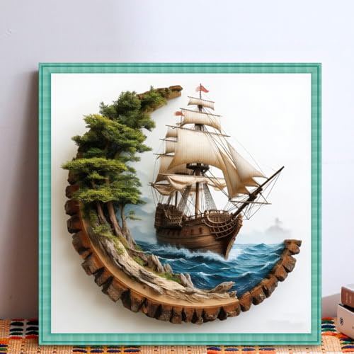 Image of KYOQFVN Sailboat Stamped Cross Stitch Kits, Ocean Sail Boat Needlepoint Counted Cross Stitch Kits for Beginners Adults, Patterns Dimensions Needlecrafts Embroidery Kits Arts and Crafts 14x14 Inch