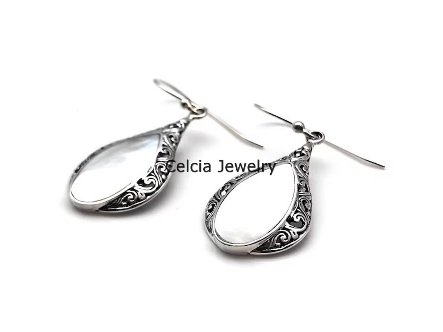 Solido argento sterling 925 orecchini a goccia per le donne, madreperla naturale pietra preziosa pera bellissimo regalo artigianale giugno Birthstone