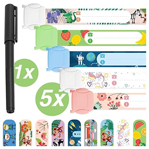 Pulsera de emergencia para niños · 5 piezas + bolígrafo · pulsera de seguridad · Resistente al agua · reutilizable · Pulsera SOS · unisexo