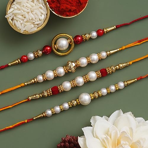 Image of eCraftIndia Set of 4 Red Golden White Pearls Rakhi for Brother Bhaiya Bhai | Roli Chawal Pack | Rakhi Combo