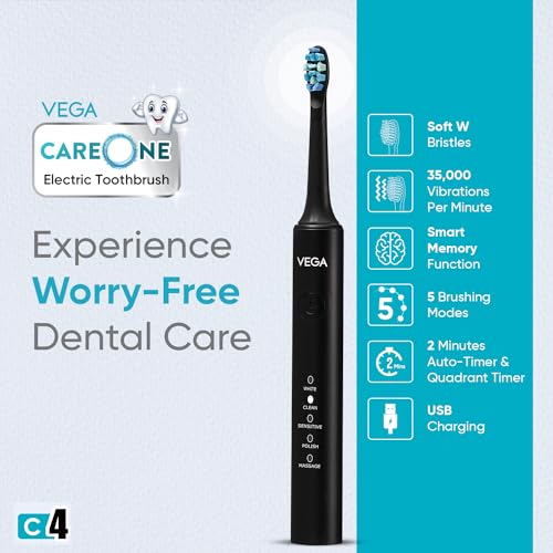 Vega CareOne C4 Electric Toothbrush Rechargeable with IPX7 Waterproof, 3 Brush Head, 2 Min Auto-Timer, 60 Days Battery Life, 1 Year Warranty, 35000... - Image 4