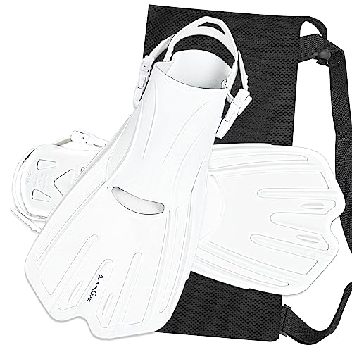 OMGear Swim Fins Short Snorkel Fins Dive Flippers for Lap Swimming Snorkeling Diving Pool Activities Travel Size with Mesh Bag for Adult Men Women(Pure White007,S/M)