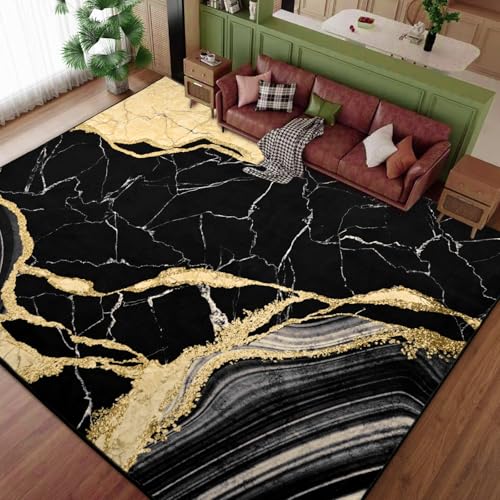 ASPMIZ Black and Gold 9x12 Area Rug Washable Rugs for Living Room, Soft Faux Wool Marble Bedroom Rugs Non Slip Modern Floor Carpet Low Profile Extra Large Throw Rug for Dining Room Home Office Decor