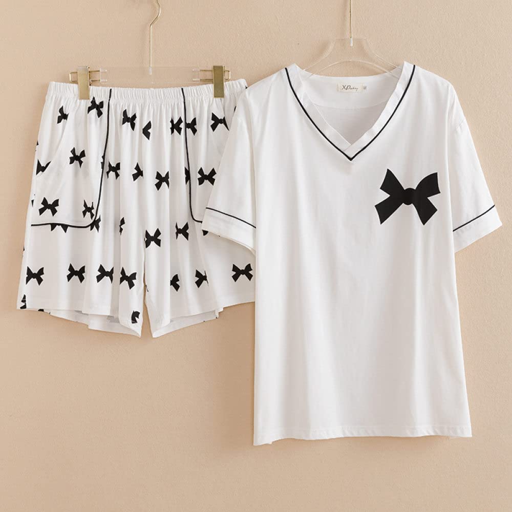 SNPP Pigiama da Donna in Due Pezzi,Set Pigiama da Donna, Maniche Corte Fresche E Pantaloncini, Pigiama A Due Pezzi Taglie Forti, Pigiama in Cotone Bianco con Stampa Fiocco, Pigiama Regali per Ragazze