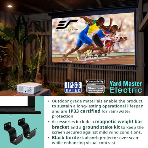 Image of Elite Screens Yard Master Electric 100 inch Outdoor Motorized Projector Screen with RF Remote, IP33 Rain Protection, 4K /8K Ultra HD HDR Ready Backyard Patio Movie Screen - OMS100H-ELECTRIC