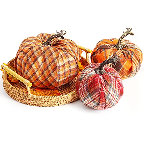 FUTUREPLUSX Fabric Pumpkins, 3PCS Assorted Lifelike Pumpkins Autumn Pumpkins Decorations for Thanksgiving Halloween