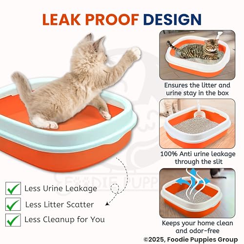 Image of Foodie Puppies Cat Litter Box Tray with Rim and Scooper - (Orange) (Large, 46 x 38 x 13 cm) | Semi-Closed Design and Durable Quality | Pet Litter Sand Tray Suitable for All Adult Cats & Kittens