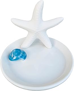 Ceramic Starfish Jewelry Holder Ring Dish Tower Tray Holder Plate, Ocean Beach Theme Seashell Jewelry Dish Holder for Rings Earrings Necklace Bracelet Organiser, Dresser Table Decor Trinket Tray
