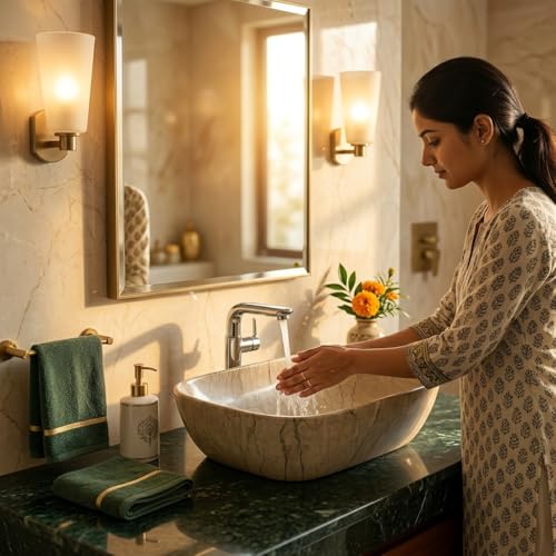 Image of Ceramic Tabletop Wash Basin - Glossy Rectangular Countertop Vessel Sink with Marble Finish for Bathroom & Vanity | Compact 18 x 13 x 5 Inch | Elegant Washbasin