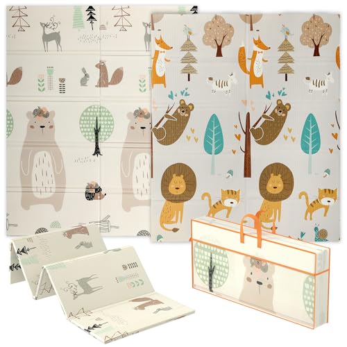 AIYAPLAY Baby Spielmatte doppelseitig, faltbar & umkehrbar Aktivität Spielmatte, wasserdicht Kinder Schaumstoff Krabbelmatte für Outdoor Indoor Spielzeit Picknicks, 177 x 146 x 1,5cm, Tier Thema