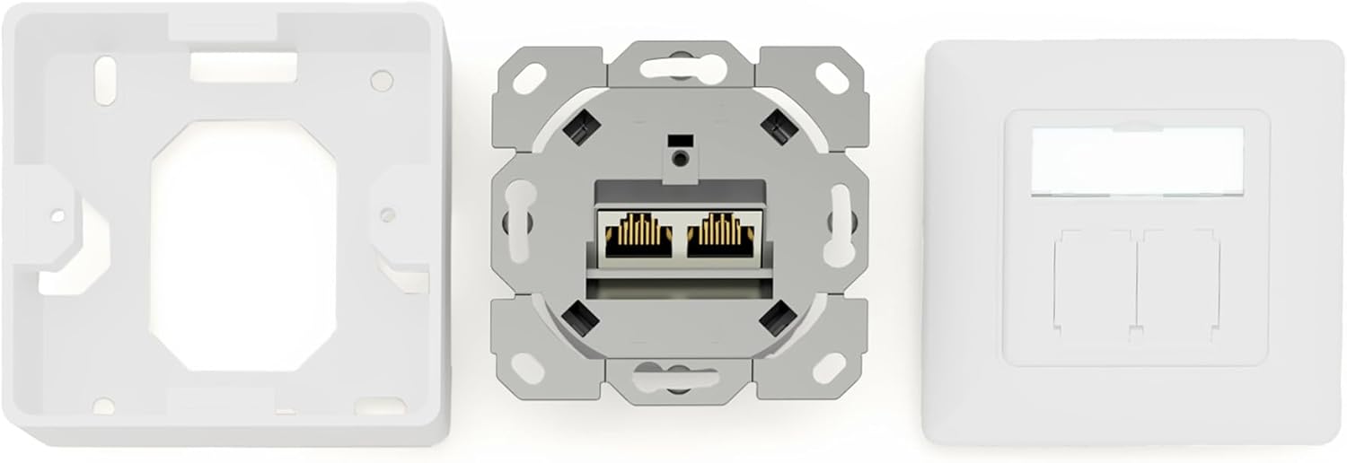 DIGITUS Junction Box Cat-6A 2 Port RJ45 Flush-Mounted Network Socket 28 mm Installation Depth Design Ready Pure White