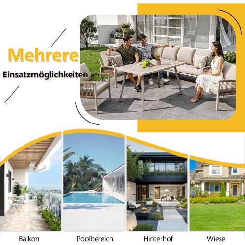 Merax L-förmiges Gartensofa Set für 8 Personen – Wetterfestes Outdoor Sofa mit 2 handgeflochtenen Sesseln, Rostgeschütztem Eisengestell, 1 Tisch mit Holzoptik-Glasplatte, Beige Kissen