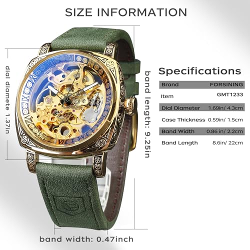 Image of FORSINING Fancy Watches for Men, Square Retro Mechanical Watch Self-Wind Carved, Gear Movement Golden Skeleton Automatic Watches Vintage Leather Strap Wrist Watch