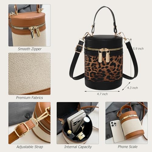 Bucket Purses for Women Small Crossbody Cylinder Bags Color-Block Round Handle Bag Shoulder Leather Handbags2