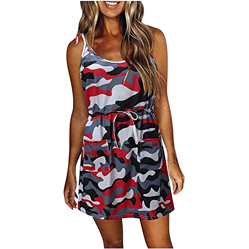 Sun Dresses Women Summer V Neck Short Dresses Sexy Sleeveless Beach Dresses Fashion Camo Dresses with Pockets