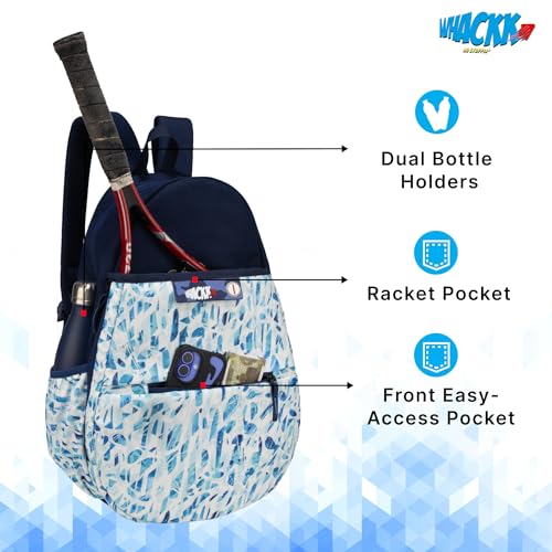 Image of WHACKK Seles Sports Badminton Tennis Racket Backpack White Blue|22L Capacity with Racket Compartment, Shoe, Multiple Utility Pockets & Dual Bottle Holders|Lightweight Bag for Pickleball Table Tennis
