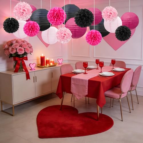 Image of 18 PCS Black Pink Paper Lanterns & Tissue Paper Pom Poms for Girls Birthday, Baby Shower, Wedding, Bridal Shower, Hanging Paper Decor for Indoor Outdoor Events Party Supplies
