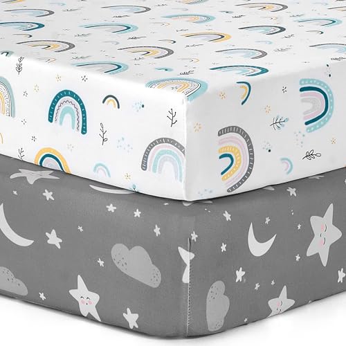 Image of Pack n Play Sheets, BROLEX 2 Pack Mini Crib Sheets,Stretchy Portable Fitted Playard Sheet Set, Convertible Playard Mattress Cover,Ultra Soft Breathable Material,Rainbow Stars