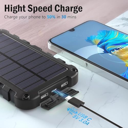 Solar Powerbank 26800mAh PD 15W Tragbares Solarladegerät mit Solarpanel USB C Outdoor Wasserdichtes Externer Akku mit LED-Licht und 3 Ausgängen für Smartphones Tablets Camping und mehr, Schwarz
