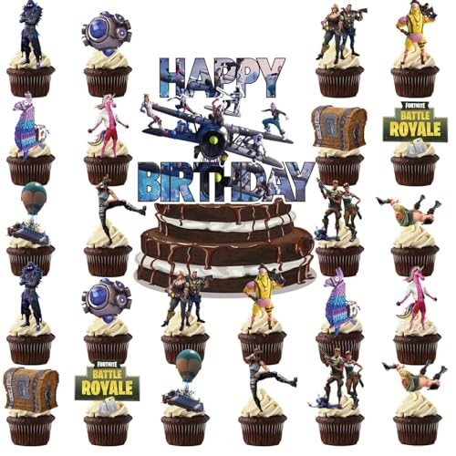 MUNSKT 25 piezas de decoración para tarta de cumpleaños de videojuegos, 15 cm + 7 personajes + insignia de papel de oblea para fiestas, suministros de decoración para niños, adultos, niñas y niños