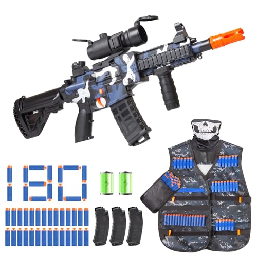 Realistic Toy Gun for Nerf Guns Darts - Electric Sniper Rifle with Tactical Vest Kit, Automatic Foam Blaster with Scope 180 Soft Bullets 3 Magazine for Kid Boy Ages 6-12 Years Old, Indoor Outdoor Game