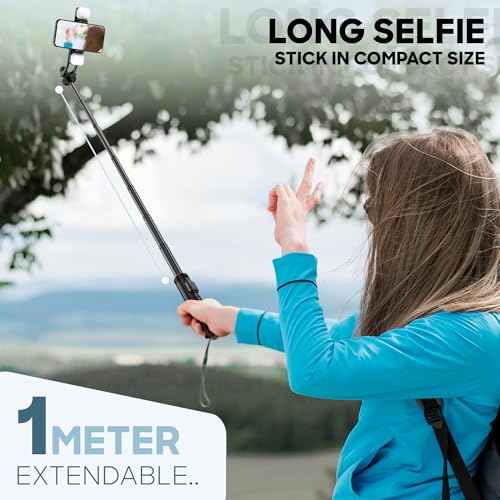Image of NEWDRU LumiTripod Adjustable Tripod with LED Lights - 360 Rotation & 8 Telescopic Rods | Bluetooth Remote - Selfie Stick with Tripod Stand for Vlogging, Makeup, Photography & Video