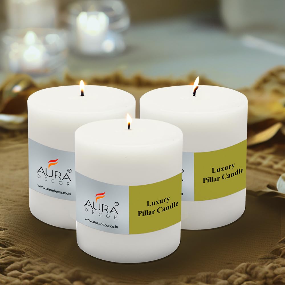 AuraDecor Unscented Pillar Candles Set of 3 | 55 Hrs Each | 3X3 inch Smokeless & Dripless Wax Candles for Home Decor | (Medium, White)