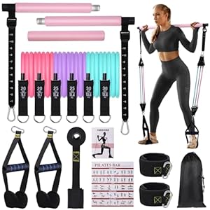 Pilates Bar Set mit 6 Widerstandsbänder, Verstellbare Resistance Bands für Frauen und Mann, Fitnessbänder für Home Gym Yoga, Pilates,Stretch, Krafttraining Fitness