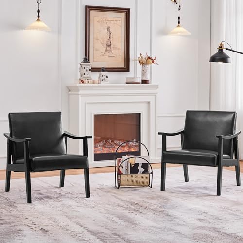 Image of Yaheetech PU Leather Black Chairs, Mid-Century Modern Armchair with Solid Wood Legs, Reading Accent Chair with High Back for Living Room Bedroom Waiting Room, 2 pcs, Black