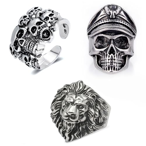Lithyc Paquete de 3 Anillos de Calavera, Anillo Calavera de