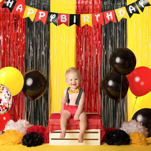 Image of Cartoon Birthday Decorations, 4 Pack Cute Party Photo Booth Props, Black Red Yellow Teal Fringe Curtains Tinsel Photo Streamers Backdrop for Cartoon Birthday Party Supplies