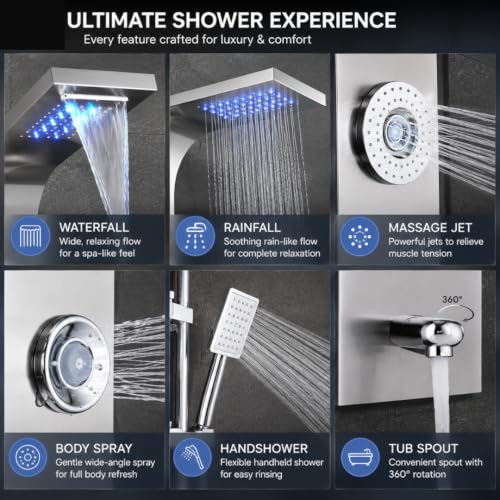 Image of ZeeCry 7 in 1 Full Set Stainless Steel 304 Shower Panel for Bathroom with Hand Shower /Showerhead /Body Massage Jets /Shower System with Hot & Cold Mixer (3 function hand shower) (Chrome)