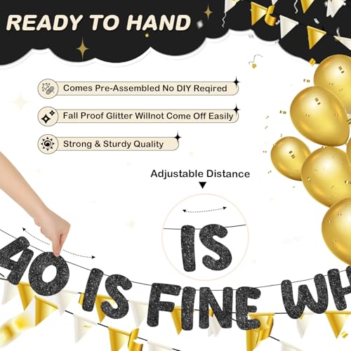 Image of Fulmoon Pre Strung 40 Is Fine When You Look 29 Banner Glitter Happy 40th Birthday Banner Funny 40th Birthday Sign 1986 Party Decorations for Men Women(Black)
