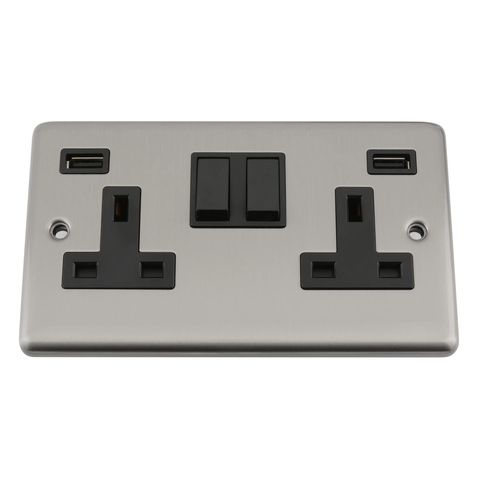 A5 USB Socket 2 Gang - Satin Matt Chrome Classic - Black Insert - Plastic Rocker Switch