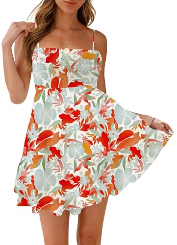 Image of HVEPUO Women Spaghetti Strap Sleeveless Smock Cami Mini Dress Summer Vacation Flowy Boho A Line Swing Short Dresses for Women