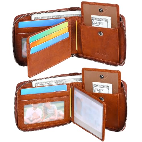 Men's Shielded Wallet Zipper Leather Wallet Men's Bifold RFID Card Case Wallets for Men (Brown)3