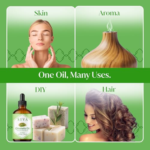 Image of Siva Citronella Essential Oil 4 Fl Oz - for Diffuser, Skin & Hair Care - Ideal for Massage & DIY Blends- with Dropper