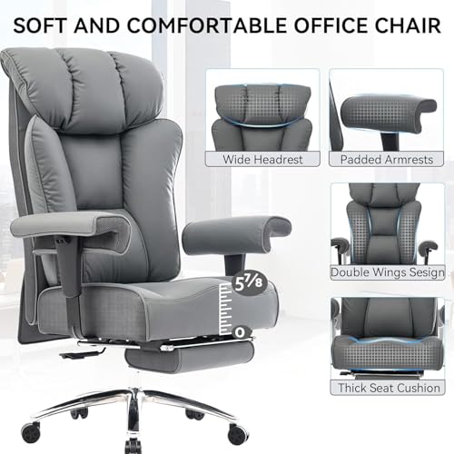 Image of Efomao Ergonomic Office Chair 450LBS with Foot Rest, High Back PU Leather Executive Office Chair with Adjustable Armrests, Lumbar Support for Home or Work, Computer Chair, Grey