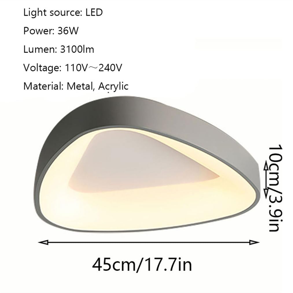 Nordycka szara żelazna trójkątna lampa sufitowa, matowy klosz, montaż wpuszczany, LED 36 W, oświetlenie nastrojowe LED o zmiennej intensywności, idealna do sypialni, przedpokoju i pralni.