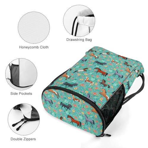 Horse Flower Drawstring Backpack Gym Bag With Shoe Compartment String Bag Sport Beach Swimming Sackpack For Women Men4