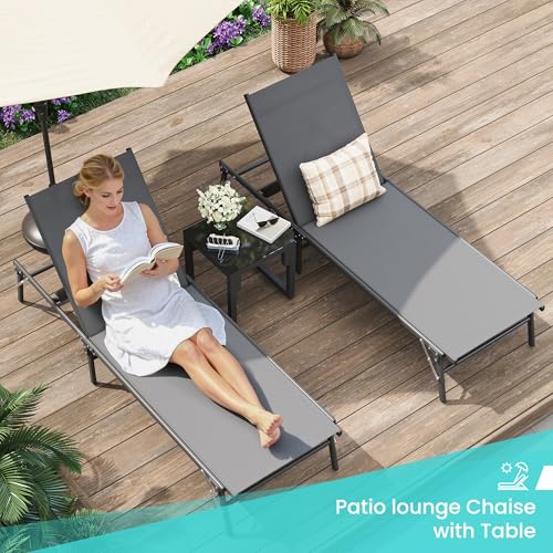 Image of Amopatio Outdoor Lounge Chairs Poolside Chaise Lounge for Patio | Foldable & Portable & Stackble Weather Resistant Frame Breathable Textilene 5-Position Adjustable Backrest 400 LBS Capacity