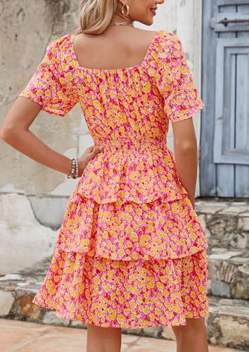 Image of PRETTYGARDEN Women's Summer Floral Ruffle Short Dress | Short Sleeve Square Neck, Flowy Tiered Hem, Fit and Flare, Flower Boho Dresses, Cute Beach Vacation Outfits, Fashion Clothing
