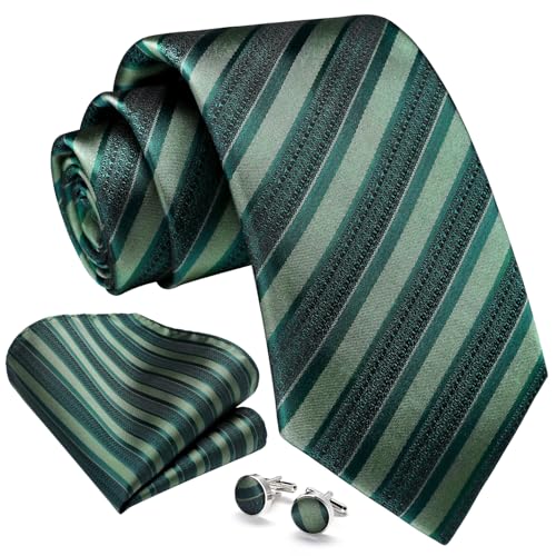 Image of Enlision Mens Ties Stripe Tie and Pocket Square Set Classic Formal Woven Neckties Handkerchief Cufflinks Wedding