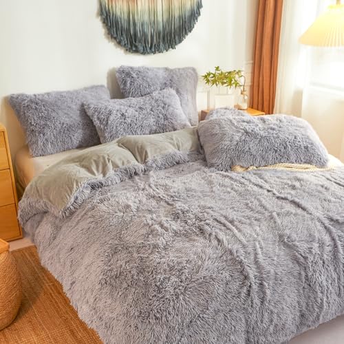 Faux Fur Fluffy Grey Comforter Cover Twin Set – Plush Faux Fur Grey Bedding 2-Piece Set (1 Furry Duvet Cover + 1 Shaggy Pillow Sham) Cozy Bed Set