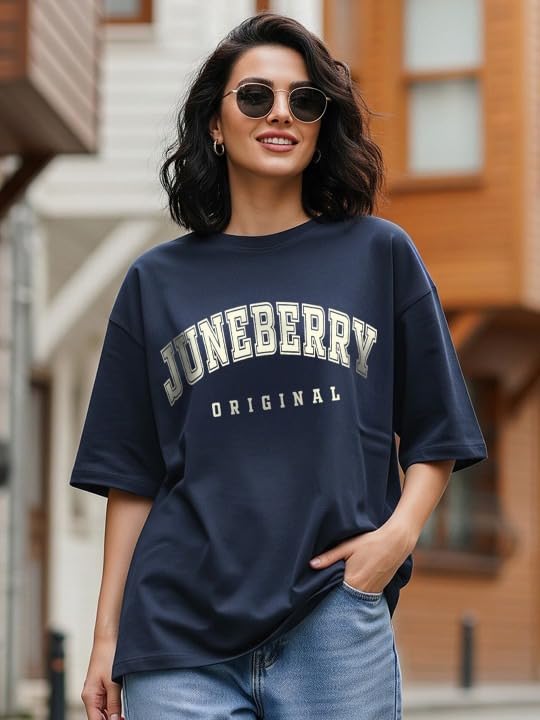 Image of JUNEBERRY Pure Cotton Oversized Drop Shoulder Brand Logo Typography Print Round-Neck Baggy Fit T-Shirt for Women (Available in Navy, Green & Pink Colors)