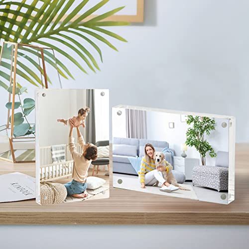 写真立て アクリル磁気フォトフレーム マグネットタイプフォトスタンド 写真フレーム10*15cm透明クリア両面使用可能 卓上ハガキ賞状額縁 ポスター展示 厚さ2cmブロック自立型縦横写真フレーム ピクチャー絵画 ホームオフィスディスプレイ
